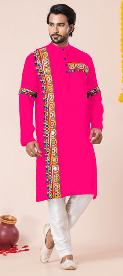 Pink and Majenta color Kurta Pyjamas in Rayon fabric with Embroidered, Patch work