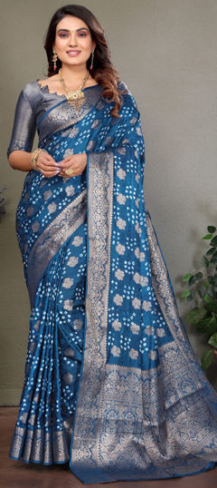 Blue color Saree in Art Silk fabric with Bandhej, Printed, Weaving work