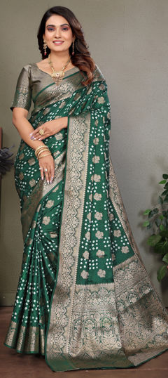 Green color Saree in Art Silk fabric with Bandhej, Printed, Weaving work