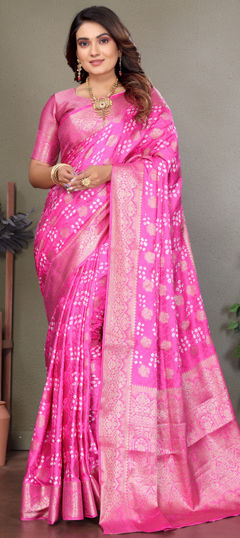 Pink and Majenta color Saree in Art Silk fabric with Bandhej, Printed, Weaving work