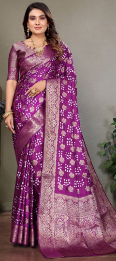 Purple and Violet color Saree in Art Silk fabric with Bandhej, Printed, Weaving work