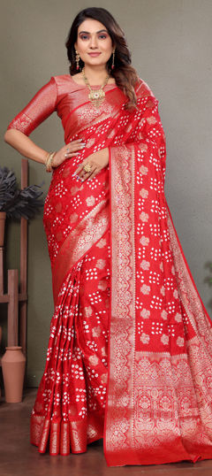 Red and Maroon color Saree in Art Silk fabric with Bandhej, Printed, Weaving work