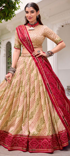 White and Off White color Lehenga in Tussar Silk fabric with Bandhej, Gota Patti, Printed work