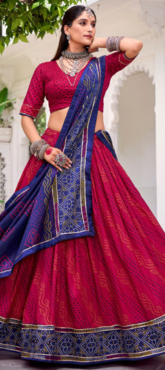 Pink and Majenta color Lehenga in Tussar Silk fabric with Bandhej, Gota Patti, Printed work