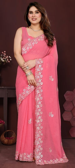 Pink and Majenta color Saree in Georgette fabric with Embroidered, Sequence, Thread work