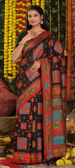 Black and Grey color Saree in Cotton, Linen fabric with Weaving work