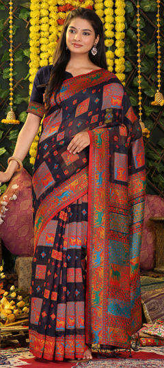 Blue color Saree in Cotton, Linen fabric with Weaving work