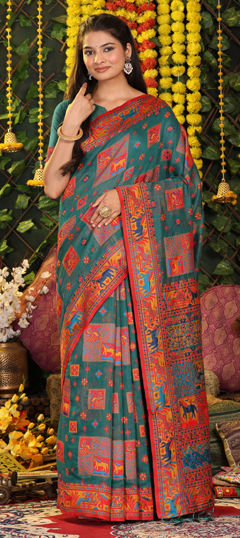 Green color Saree in Cotton, Linen fabric with Weaving work