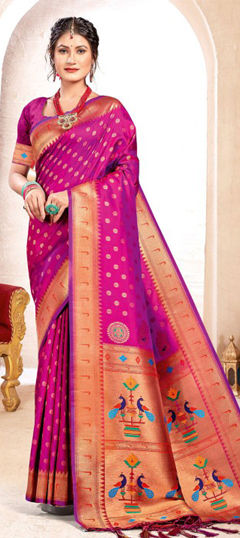 Purple and Violet color Saree in Art Silk fabric with Weaving work