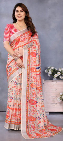 Orange color Saree in Cotton, Linen fabric with Digital Print, Printed, Zari work