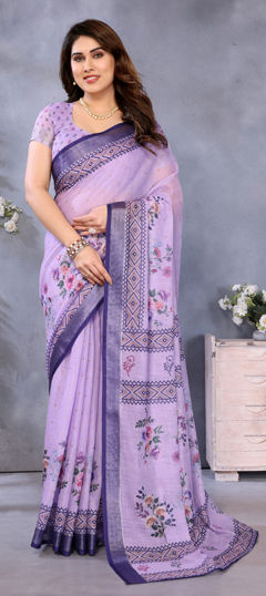 Purple and Violet color Saree in Cotton, Linen fabric with Digital Print, Zari work