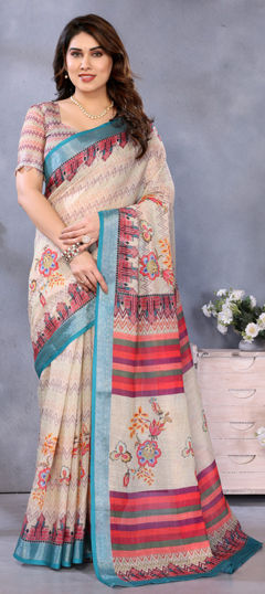 White and Off White color Saree in Cotton, Linen fabric with Digital Print, Zari work