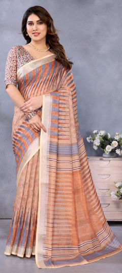 Beige and Brown color Saree in Cotton, Linen fabric with Digital Print, Zari work