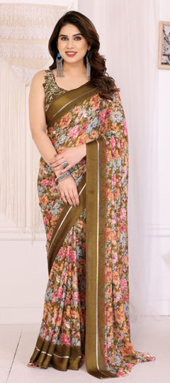White and Off White color Saree in Satin Silk fabric with Floral, Printed work