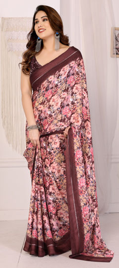 Red and Maroon color Saree in Satin Silk fabric with Floral, Printed work