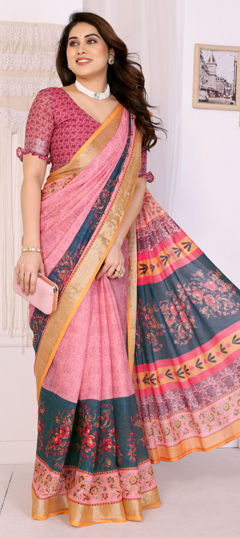 Orange color Saree in Cotton, Linen fabric with Digital Print, Zari work