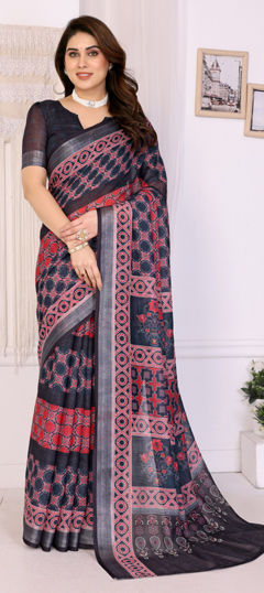 Purple and Violet color Saree in Cotton, Linen fabric with Digital Print, Zari work