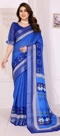 Blue color Saree in Cotton, Linen fabric with Digital Print, Zari work