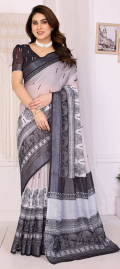 Black and Grey color Saree in Cotton, Linen fabric with Digital Print, Zari work
