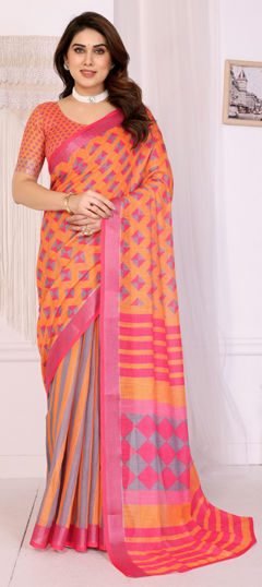 Orange color Saree in Cotton, Linen fabric with Digital Print, Zari work