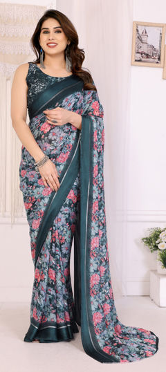 Blue color Saree in Satin Silk fabric with Floral, Printed work