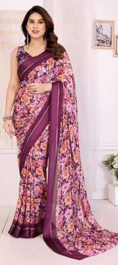 Purple and Violet color Saree in Satin Silk fabric with Floral, Printed work