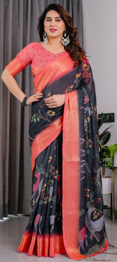 Black and Grey color Saree in Linen fabric with Printed work