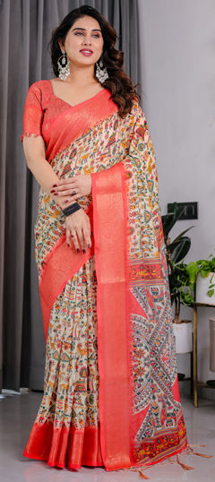 White and Off White color Saree in Linen fabric with Printed work