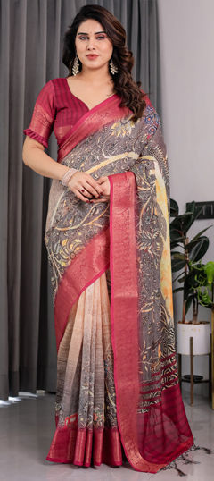 Purple and Violet color Saree in Linen fabric with Printed work