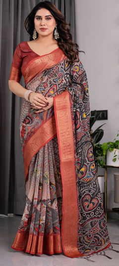 Black and Grey color Saree in Linen fabric with Floral, Printed work