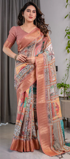 Pink and Majenta color Saree in Linen fabric with Floral, Printed work