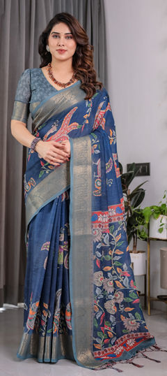 Blue color Saree in Linen fabric with Floral, Printed work
