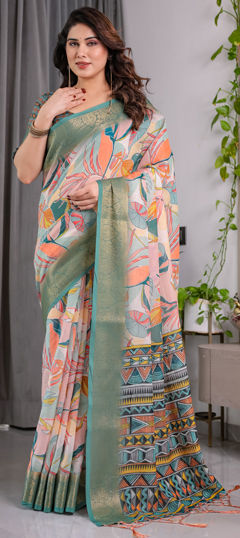 Green color Saree in Linen fabric with Floral, Printed work