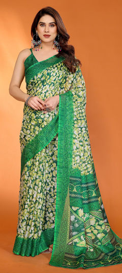 Green color Saree in Kota Doria Silk fabric with Floral, Printed work