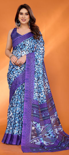 Purple and Violet color Saree in Kota Doria Silk fabric with Floral, Printed work