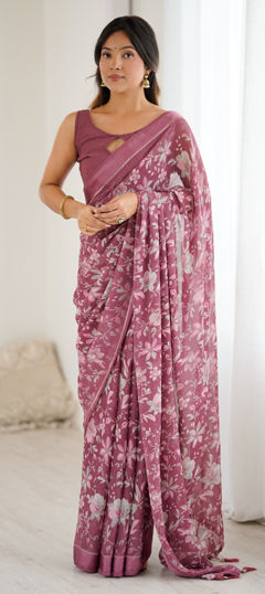 Beige and Brown color Saree in Satin Silk fabric with Floral, Printed work