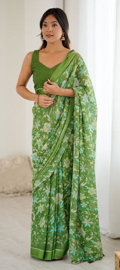 Green color Saree in Satin Silk fabric with Floral, Printed work