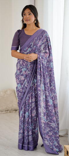 Purple and Violet color Saree in Satin Silk fabric with Floral, Printed work