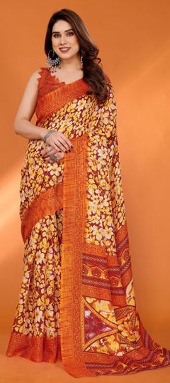 Orange color Saree in Kota Doria Silk fabric with Floral, Printed work