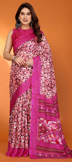 Pink and Majenta color Saree in Kota Doria Silk fabric with Floral, Printed work