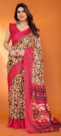 Red and Maroon color Saree in Kota Doria Silk fabric with Floral, Printed work