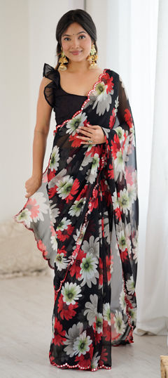 Black and Grey color Saree in Georgette fabric with Floral, Mirror, Printed work