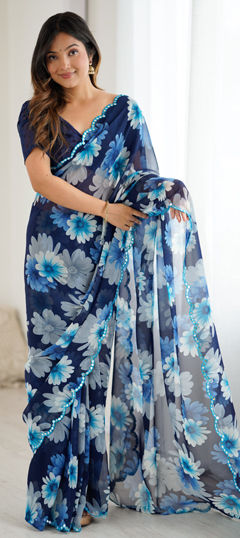 Blue color Saree in Georgette fabric with Floral, Mirror, Printed work