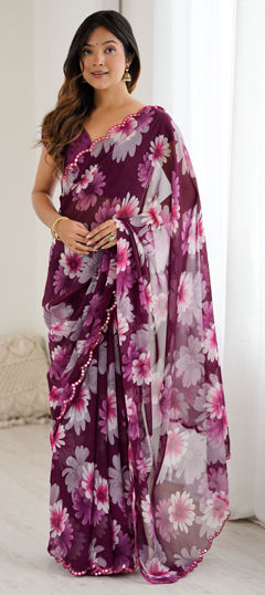Purple and Violet color Saree in Georgette fabric with Floral, Mirror, Printed work