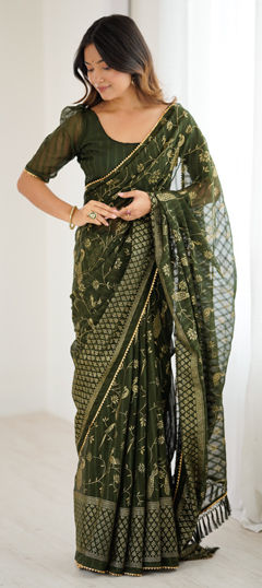 Green color Saree in Georgette fabric with Foil Print, Lace work