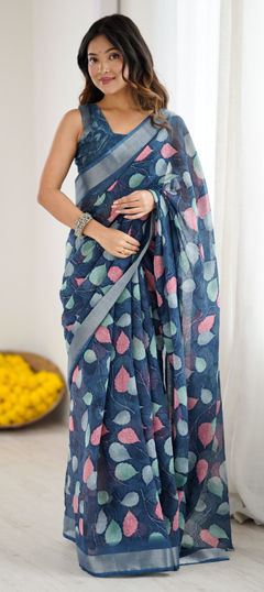 Blue color Saree in Linen fabric with Printed work