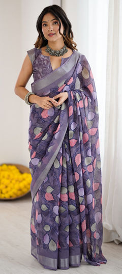 Purple and Violet color Saree in Linen fabric with Printed work