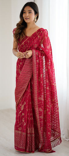 Pink and Majenta color Saree in Georgette fabric with Foil Print, Lace work