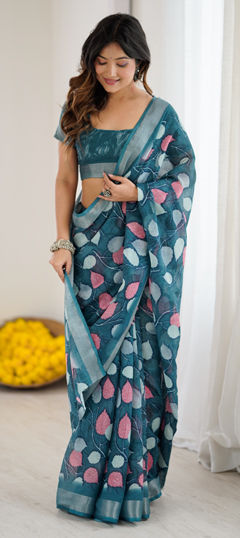 Blue color Saree in Linen fabric with Printed work