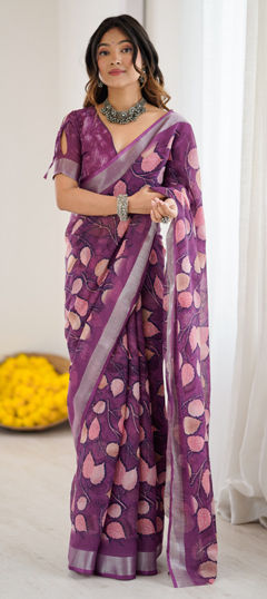 Purple and Violet color Saree in Linen fabric with Printed work